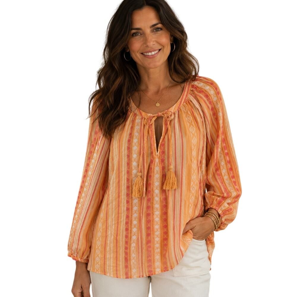 Style & Co Mountain Stripe Peasant Top Womens Large Orange Pink Popover Tassel